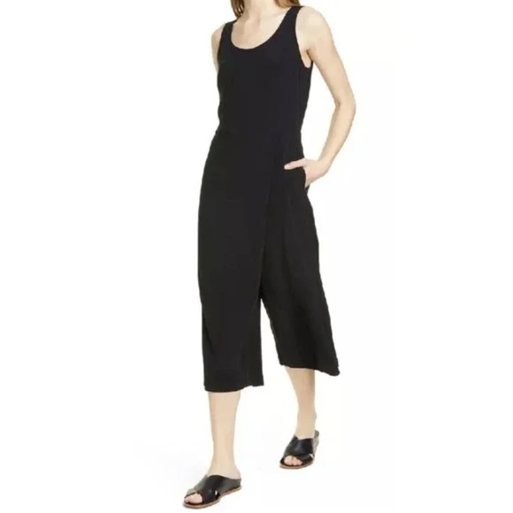 EILEEN FISHER Black Tencel Lyocell Blend Faux Wrap Wide Leg Jumpsuit Size Small - Picture 1 of 7